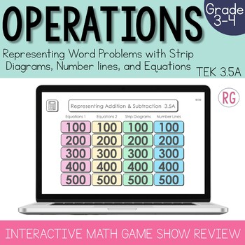 Preview of Tape Diagrams Number Lines & Equation Game Show | 3rd Grade Math Review Tek 3.5A