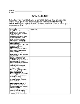 Preview of Tardy Reflection Sheet - Embracing the IB Learner Profile Attribute 'Reflective'
