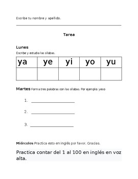 Preview of Tarea de silabas en espanol con la letra Yy: ya, ye, yi, yo, yu.