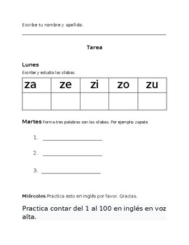 Preview of Tarea para aprender las silabas en espanol con la letra Zz: za, ze, zi, zo, zu