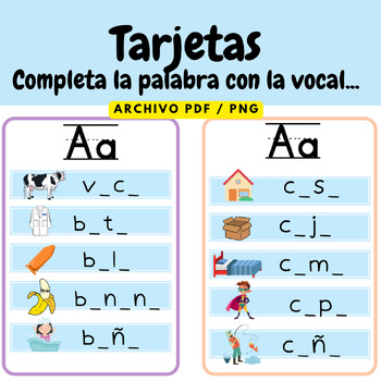 Preview of Tarjetas Completa las palabras con la vocal... PDF / PNG Material Complementario