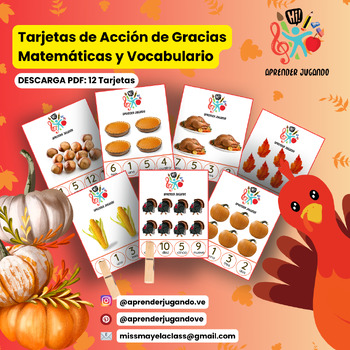 Preview of Tarjetas de Acción de Gracias Matemáticas y Vocabulario (español) /