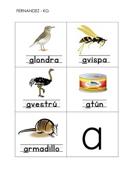 Tarjetas de animales con las vocales a, e, i, o, u (Spanish Flash cards)