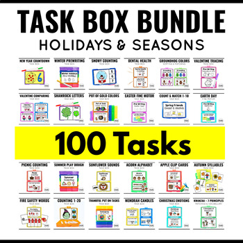 Preview of Task Boxes Bundle Special Education Holidays and Seasons 100 Sets Low Prep