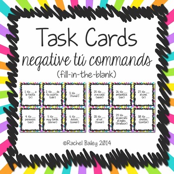 Preview of Negative Tú Commands Task Card Activity | Fill in Blank Version