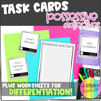 Preview of Spanish Possessive Adjectives Task Card Activity and Worksheet