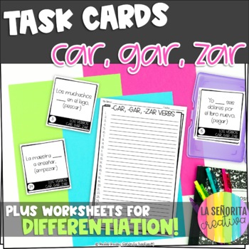 Preview of CAR, GAR, ZAR Preterite Verbs Task Card Activity and Worksheet