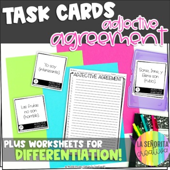 Preview of Spanish Adjective Agreement Task Card Activity and Worksheet