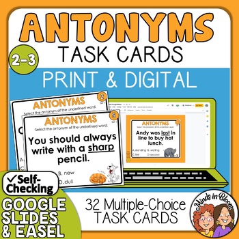 Preview of Antonym Task Cards - Vocabulary Practice for 2nd and 3rd Grade - Print & Digital