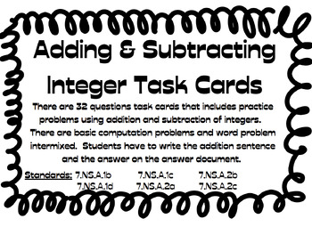 Preview of Task Cards- Adding & Subtracting Integers