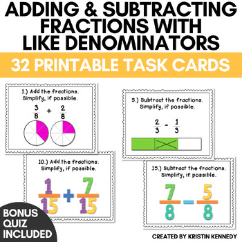 Preview of Adding and Subtracting Fractions with Like Denominators Task Cards