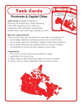 Preview of Task Cards - Canada Provinces and Capital Cities
