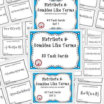 Preview of Distribute & Combine Like Terms with Negatives 80 Task Cards