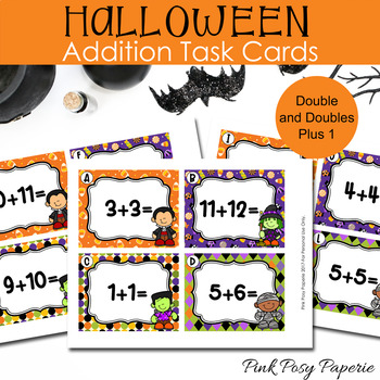 Preview of Halloween Addition Task Cards - Doubles and Doubles Plus One - Doubles Addition
