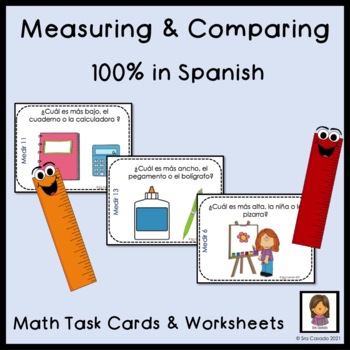 Preview of Spanish Math Measurement Kindergarten Task Cards and Worksheets