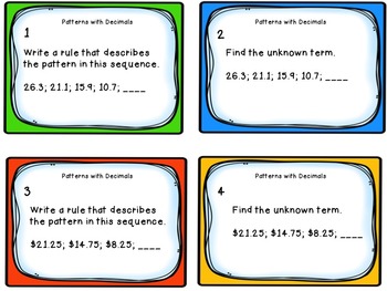 task cards patterns with decimals finding sequence and missing terms 5 nbt 7