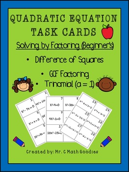 Preview of Task Cards - Solving Quadratic Equations by Factoring (Beginner Level)