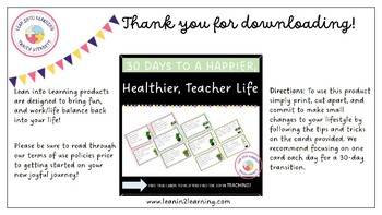 Preview of Task Cards for 30 Days to a Happier, Healthier Teacher Life