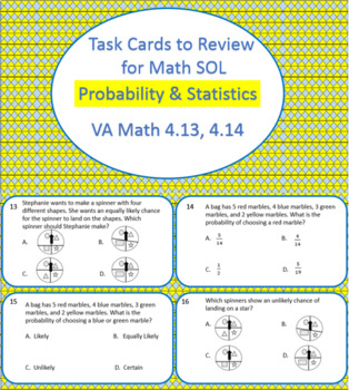 Preview of 28 Task Cards to Review Probability & Statistics for 4th Grade Math SOL 2016 SOL