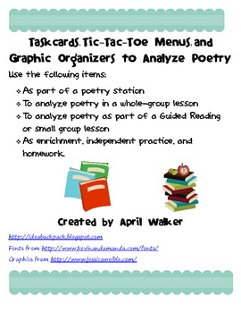 Preview of Taskcards, Tic-Tac-Toe Menu, and Graphic Organizers to Analyze Poetry