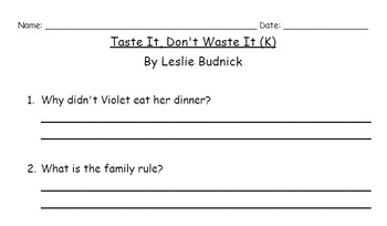 Preview of Taste It, Don't Waste It (K) Reading Comprehension