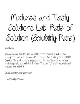 Preview of Mixtures and Tasty Solutions Lab: Rate of Solution (Solubility Rate)