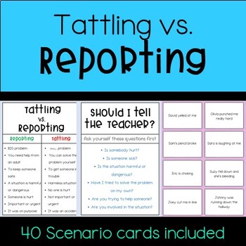 Preview of Tattling vs. Reporting - Should I tell the teacher? (40 scenario cards included)