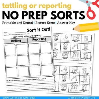 Preview of Tattling vs Reporting for Kindergarten and First Grade
