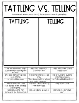 Preview of Tattling vs. Telling Worksheet