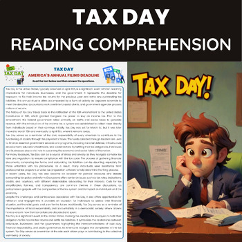 Preview of Tax Day Reading Comprehension Worksheet