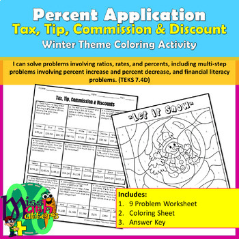 Preview of Tax, Tip, Commission & Discounts Coloring Activity | TEKS 7.4D | Christmas