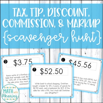 Preview of Tax, Tip, Discount, Commission, and Markup Scavenger Hunt Activity