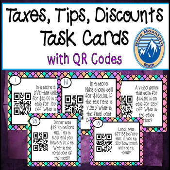 Preview of Taxes, Tips and Discounts Task Cards with QR Codes