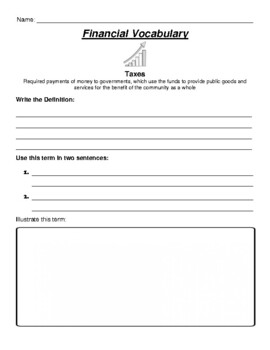 Preview of Taxes - Vocabulary Term Worksheet (Financial Literacy)