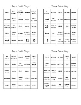 Taylor Swift Bingo Card