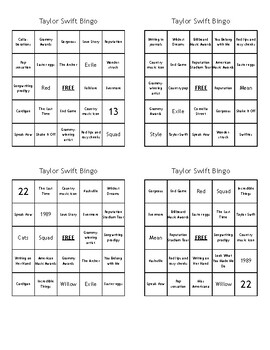 Taylor Swift Songs Bingo Cards to Download, Print and Customize!