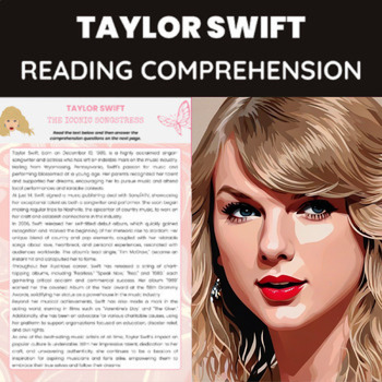 Preview of Taylor Swift Reading Passage and Questions | Pop Music Singer