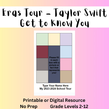 Preview of Taylor Swift Eras Tour Get to Know You Activity - Printable or Digital Resource