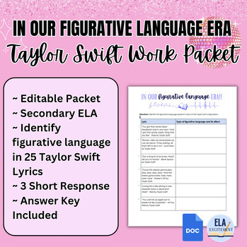 Preview of Taylor Swift Figurative Language Work Packet Editable | 28 Questions ELA Gr 6-9