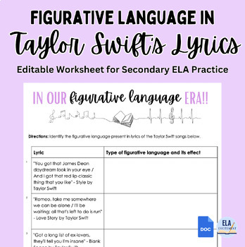 Preview of Taylor Swift Lyrics Figurative Language Identification Worksheet Editable