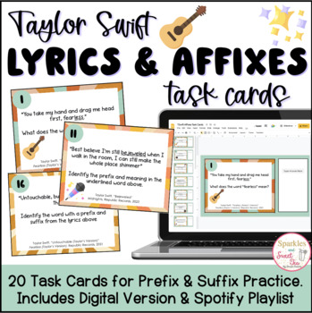 Preview of Taylor Swift Lyrics Prefix & Suffix Task Cards | Digital Task Cards | Spotify