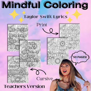 Preview of Taylor Swift Mindful Coloring Lyrics - 53 Pages - Print & Cursive - Full Preview