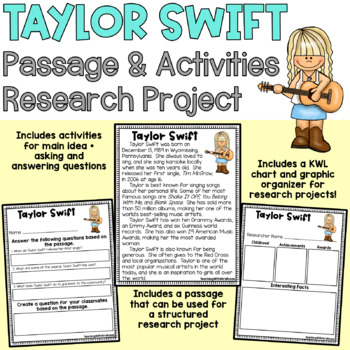 Preview of Taylor Swift Passage and Activities Research Project WOMEN'S HISTORY MONTH