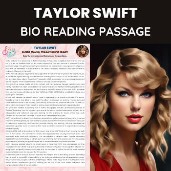 Preview of Taylor Swift Reading Comprehension Worksheet | Country Music Singer