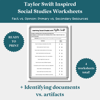 Preview of Taylor Swift Social Studies Worksheets | Fact/Opinion Primary/Secondary Resource