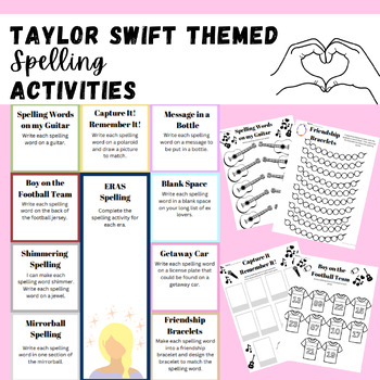 Preview of Taylor Swift Themed Spelling Activities - 9 Spelling Word Templates For Swifties