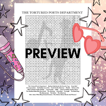 Preview of Taylor Swift Tortured Poets Department Mega Word Search