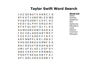Preview of Taylor Swift wordsearch