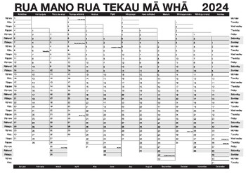 Preview of Te Reo Maaori/English Wall Planner 2024 with NZ Public Holidays