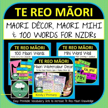 Preview of Te Reo Maori BUNDLE Watercolour Maori Decor Set Mihi Word Wall 100 Words